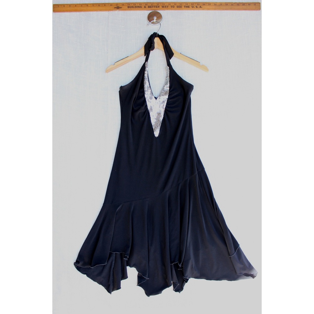 Y2K Hoco Taboo Black Halter Sequin V-Neck Handkerchief Hem Cocktail Dress M